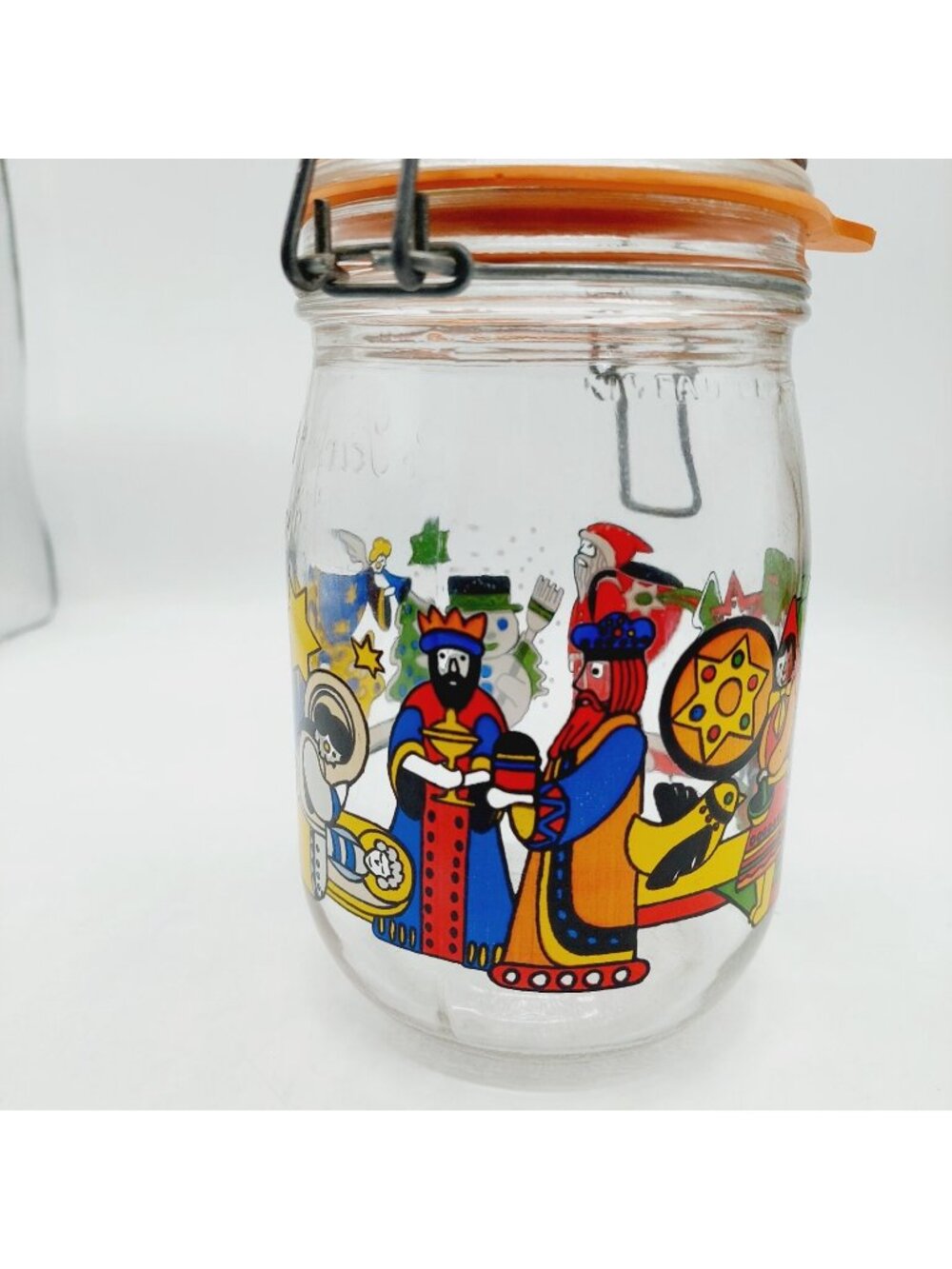 Le Parfait French Glass Jar Christmas Nativity Santa Snowman Wire Clamp Lid 6"